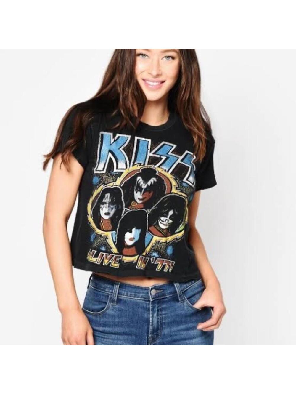 MadeWorn KISS Alive in 77 Cropped Band Tee Distressed Black T Shirt Size Small